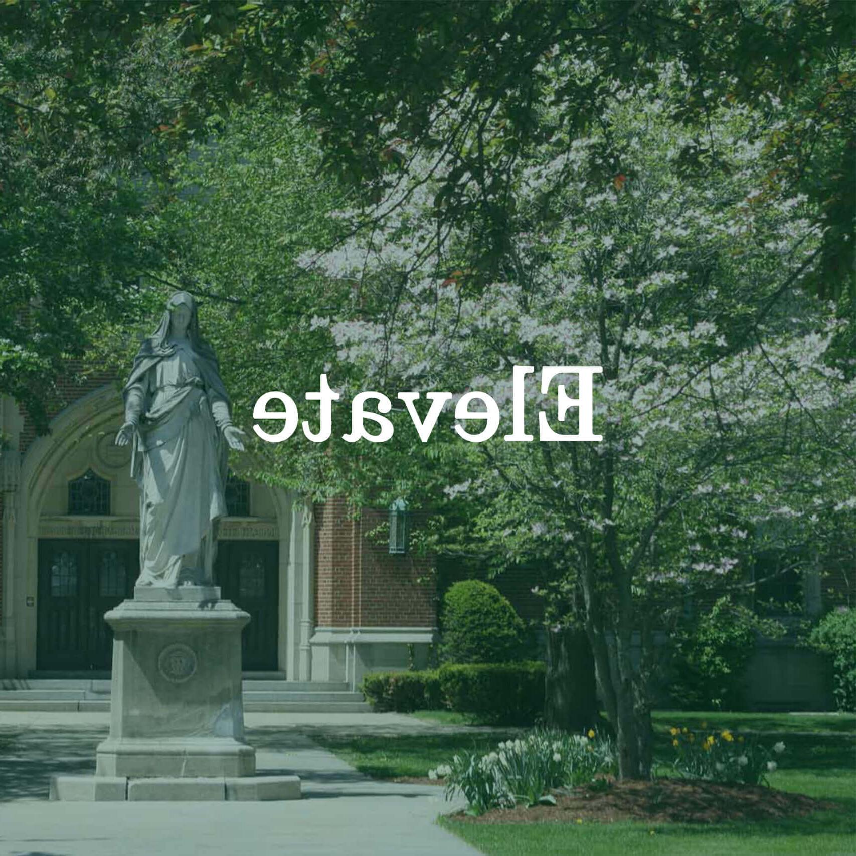 Photo of the statue of Mary with a text overlay that reads "Elevate."