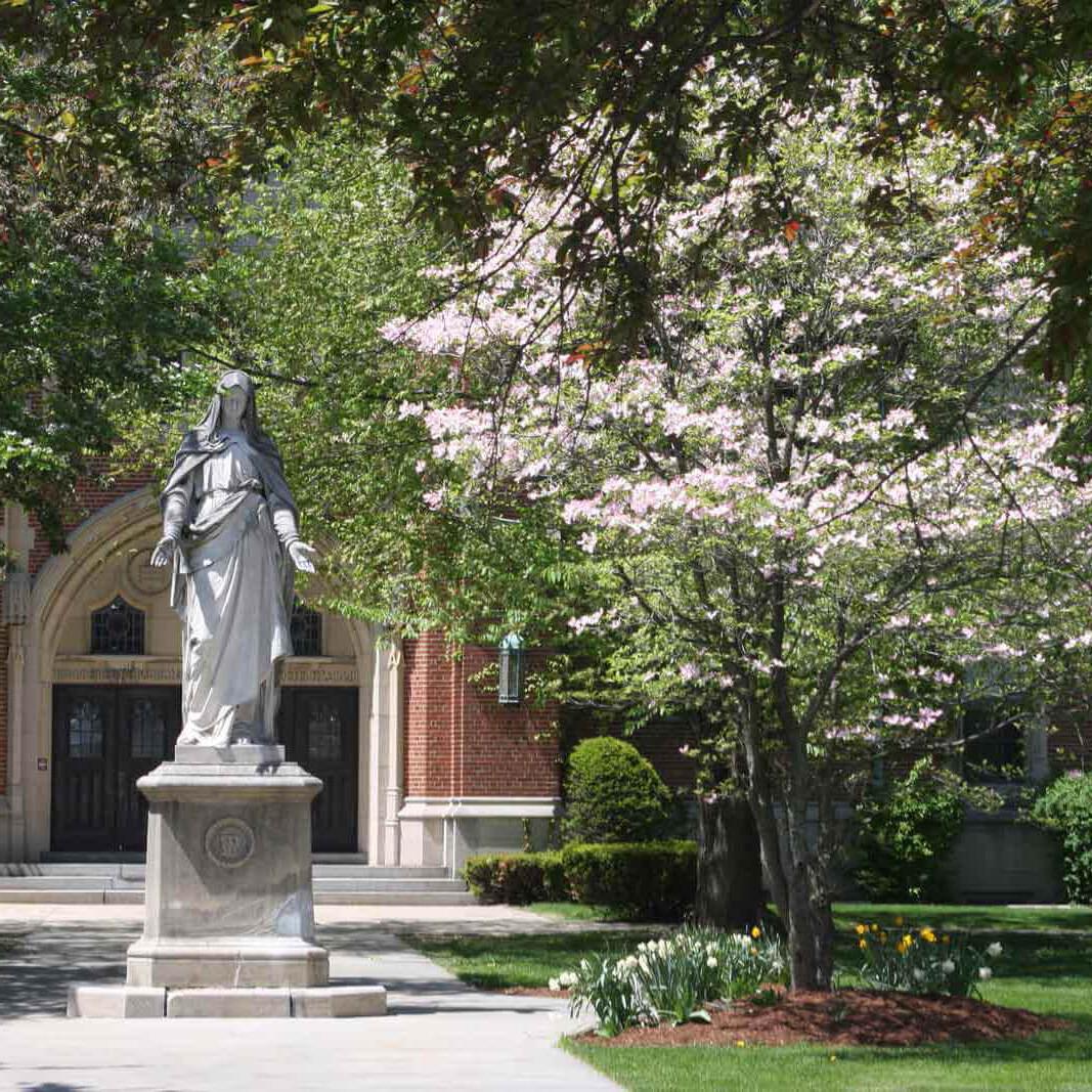 Statue and trees on campus
